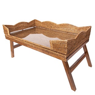 Artifacts Trading Company Artifacts Rattan Scallop Design Breakfast Tray with Wooden Legs & Glass Insert - Honey brown
